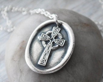 Fine Silver Wax Seal Celtic Cross Necklace, Sterling Silver Chain, .999 Silver Celtic Cross Pendant - Handcrafted Artisan Jewelry