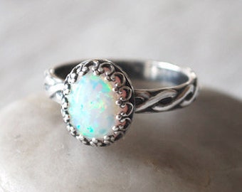 Oval Opal Ring in Sterling Silver - Handcrafted Artisan Silver Ring  - Sterling Silver Opal Ring - October Birthstone