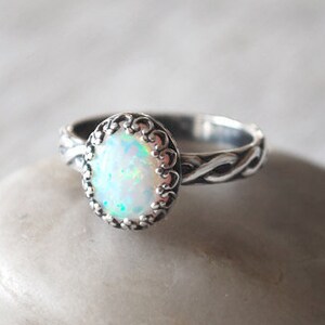 Oval Opal Ring in Sterling Silver - Handcrafted Artisan Silver Ring  - Sterling Silver Opal Ring - October Birthstone