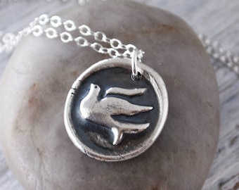 Fine Silver Wax Seal Dove Necklace -  Sterling Silver Chain -  .999 Silver Peace Dove Wax Seal Pendant - Handcrafted Spirit Dove