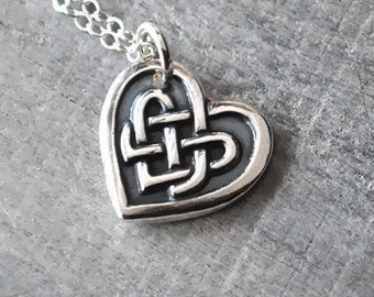 Fine Silver Celtic Heart Necklace - Celtic Knot Heart Pendant - Sterling Silver Chain - Handcrafted Jewelry