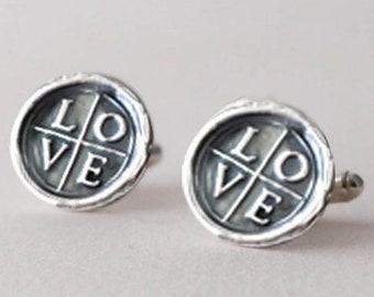 Love Cufflinks -  Sterling Silver CuffLinks - Wax Seal Cuff Links -  Wedding Cuff Links, Love Cross Cuff Link