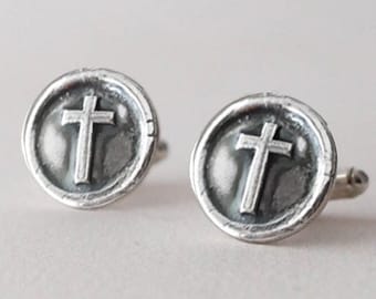 Wax Seal Cross Cufflinks -  Sterling Silver CuffLinks - Men's Cuff Links -  Inspirational Wedding Cuff Links Cross Cufflink