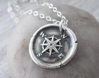 Fine Silver Wax Seal Compass Rose Necklace, .999 Silver Compass Necklace -  Silver Compass Wax Seal  - Handcrafted - Graduation Gift