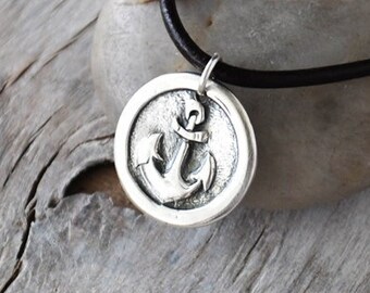 Men's Anchor Necklace - Men's Nautical Pendant -  Sail Anchor Adjustable Leather Cord -  Men's Leather Pendant - Unisex Eco Friendly Silver