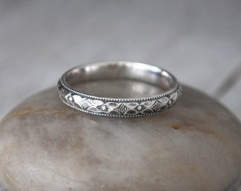 Sterling Silver Band -  Ornate Pattern Band - Handforged Silver Ring - Silver Ring - Wedding Band