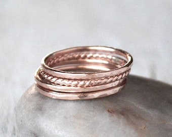 Four Rose Gold Stacking Ring Set - 4 Skinny Rose Gold Rings - 14k Rose Gold-Fill Ring Stack Set