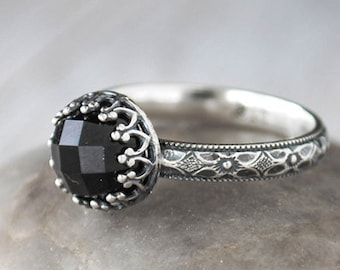 Rose cut Onyx Ring - Sterling Silver Onyx Ring - Handcrafted Artisan Ring - Black Onyx Cabochon Ring