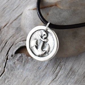Men's Anchor Necklace - Men's Nautical Pendant -  Sail Anchor Adjustable Leather Cord -  Men's Leather Pendant - Unisex Eco Friendly Silver