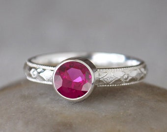 Ruby Ring in Sterling Silver - Handcrafted Sterling Silver Ruby Ring -  Ruby stacking Ring - July Birthstone Ring