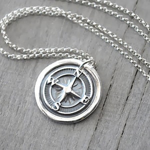 Fine Silver Wax Seal Compass Rose Necklace, .999 Fine Silver, Compass Pendant Necklace -  Handcrafted Artisan Jewelry