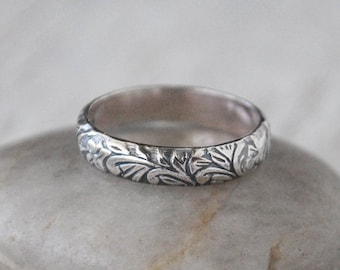 Sterling Silver Band -  Sterling Silver Floral Pattern Band - Handforged Silver Ring - 4mm Band Ring - Wedding Band