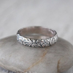 Sterling Silver Band -  Sterling Silver Floral Pattern Band - Handforged Silver Ring - 4mm Band Ring - Wedding Band