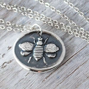 Fine Silver Honey Bee Necklace -  Sterling Silver Chain -  .999 Silver Honey Bee Wax Seal Pendant - Handcrafted Artisan Jewelry Bee Pendant