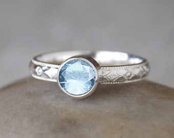 Aquamarine Ring Sterling Silver - Handcrafted Sterling Silver Aquamarine Ring -  Aquamarine Stacking Ring - March Birthstone Ring