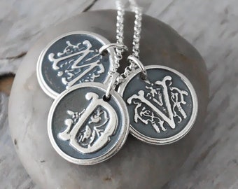 Three Personalized .999 Fine Silver Wax Seal Initials - Ornate Custom Personalized Initial Necklace - Sterling Silver Wax Seal Necklace