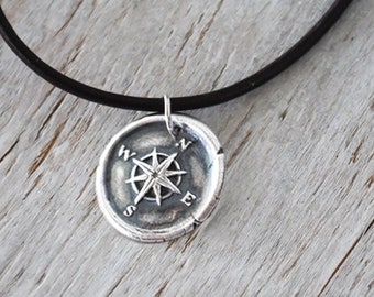 Men's Compass Necklace - Men's Jewelry - Silver Wax Seal Compass - Leather Cord -  Men's Leather Pendant - Unisex Eco Friendly Silver