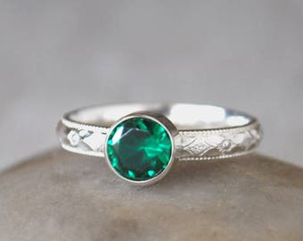 Emerald Ring in Sterling Silver - Handcrafted Artisan Silver Ring - Sterling Silver Emerald Stacking Ring - May Birthstone Ring