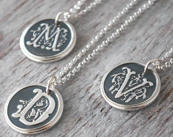 Personalized Wax Seal Initial .999 Fine Silver Necklace - Ornate Custom Initial Charm with Sterling Silver Chain - Moms Necklace