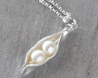 Two Pearl Pea Pod Necklace, .999 Fine Silver Pea Pod Mother's Necklace, Mom's Pearl Peas in a Pod Two Peas Push Gift