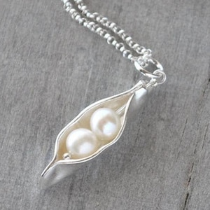 Two Pearl Pea Pod Necklace, .999 Fine Silver Pea Pod Mother&#39;s Necklace, Mom&#39;s Pearl Peas in a Pod Two Peas Push Gift