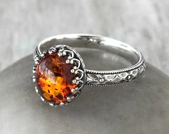 Amber Ring Sterling Silver, Sterling Silver Amber Ring - Handcrafted Artisan Silver Ring