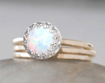 Gold Opal Ring Set in 14k Gold-Filled - Opal Stacking Rings Set - Handcrafted Artisan Ring - October Birthstone