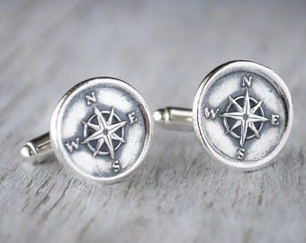 Compass Cufflinks, Sterling Silver Nautical CuffLinks, .999 Fine Silver Wax Seal Cuff Links -  Wedding Cuff Links Compass Cufflink