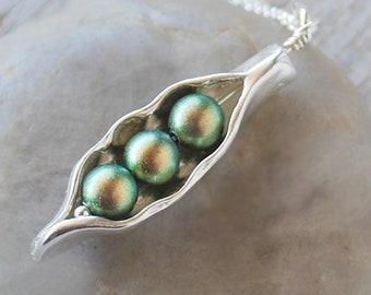 Three Peas in a Pod Necklace - Silver Pea Pod Mother's Necklace - Mom's iridescent Green Pearl Pea Pod Pendant - Three Peas Push Gift