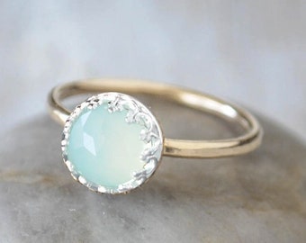 Chalcedony Ring in 14k Gold-Filled - Sea Foam Chalcedony Ring - Sterling Silver Crown Chaldedony - Handcrafted Artisan Ring