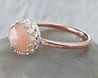 Rose Gold Peach Moonstone Ring in 14k Rose Gold-Filled - Peach Moonstone Stacking Ring - Handcrafted Artisan Rose Gold Ring