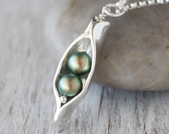 Two Pearl Pea Pod Necklace - Silver Pea Pod Mother's Necklace - Mom's iridescent Green Pearl Peas in Pod Two Peas Push Gift