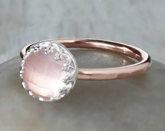 Rose Gold Rose Quartz Ring, 14k Rose Gold Filled - Rose Quartz in Sterling Silver Crown Bezel - Handcrafted Artisan Pink Gold Ring