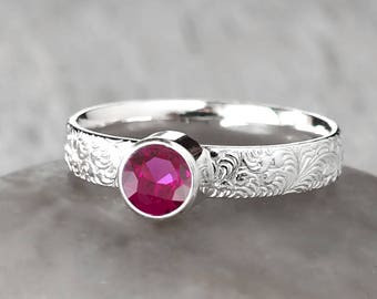 Silver Ruby Ring - Handcrafted Sterling Silver Ruby Ring -  Ruby stacking Ring - July Birthstone Ring