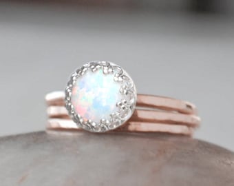 Rose Gold Opal Ring Set in 14k Rose Gold-Filled - Opal Ring with Two Bands Ring Set - Handcrafted Artisan Ring - October Birthstone
