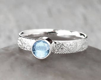 Silver Aquamarine Ring -  Sterling Silver - Handcrafted -  Aquamarine Birthstone Ring - March Birthstone Ring