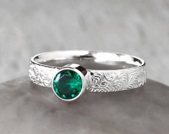 Silver Emerald Ring - Handcrafted Artisan Ring - Sterling Silver Emerald Ring - May Birthstone Ring - Engagement