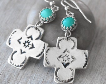 Turquoise and Silver Cross Earrings - Handcrafted Southwestern style Sterling Silver Cross Earrings