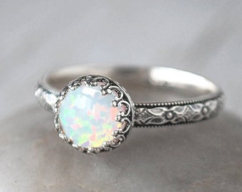 Opal Ring Silver, Sterling Silver Handforged Opal Birthstone Ring