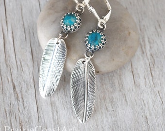 Turquoise Silver Feather Earrings - Handcrafted Artisan Sterling Silver Feather Dangle Earrings - American Turquoise