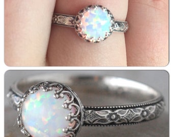 Opal Ring Silver, Sterling Silver Handforged Opal Birthstone Ring