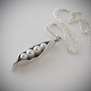 Four Pearl Pea Pod Necklace - Silver Pea Pod Mother&#39;s Necklace - Mom&#39;s Pearl Peas in a Pod Pendant