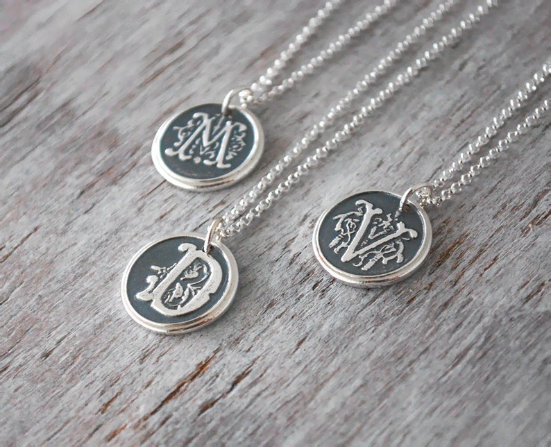 Custom Initial Necklace Sterling Silver Monogram Necklace Personalized Wax Seal Initial Necklace