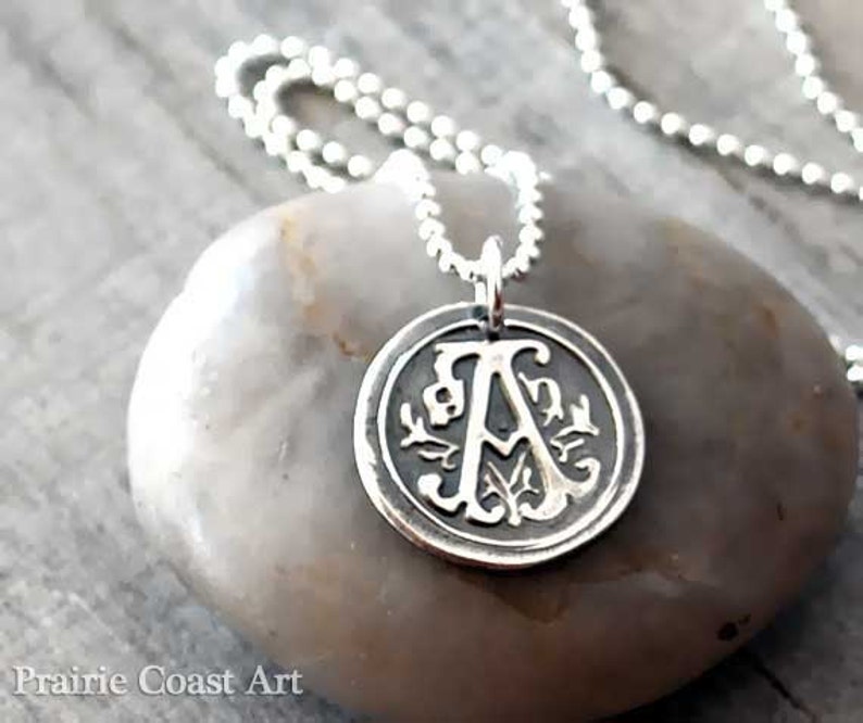 Custom Initial Necklace Sterling Silver Monogram Necklace Personalized Wax Seal Initial Necklace