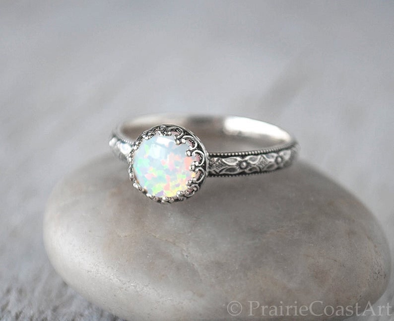 Opal Ring Sterling Silver - Handcrafted Artisan Silver Ring  - Sterling Silver Handforged Opal Stack Ring 