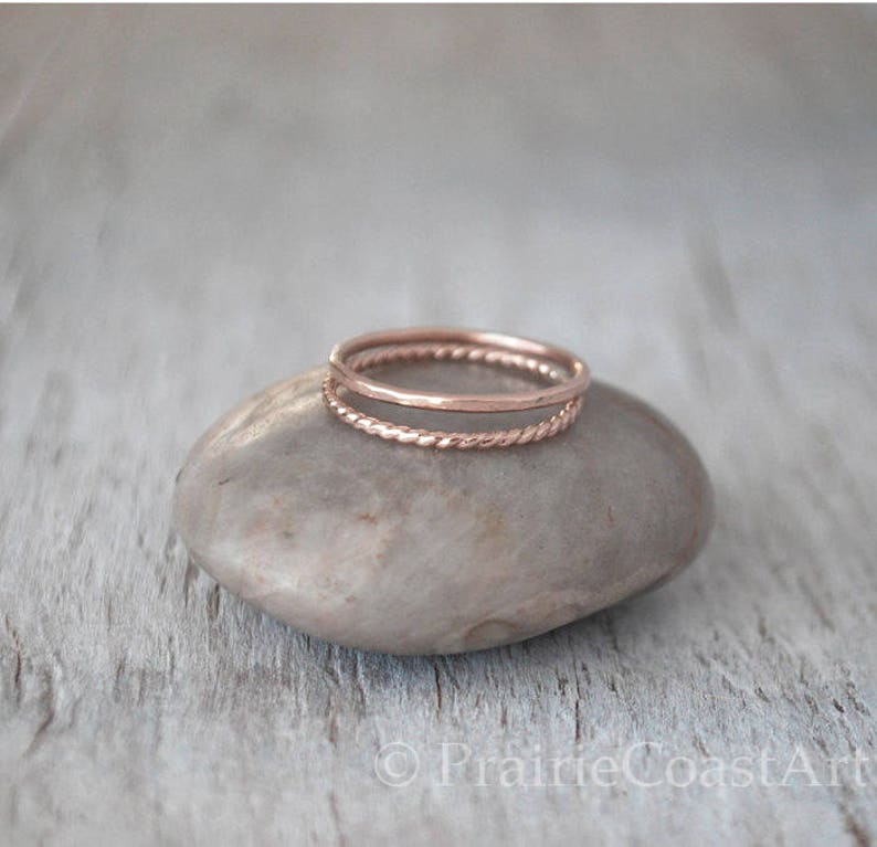 2 Rose Gold Stacking Ring Set, 14k Rose Gold Filled Stack Rings, Handcrafted Rings Rose Gold Skinny Ring Stack Set image 1