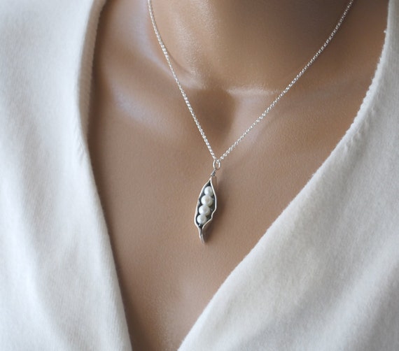 Four Pearl Pea Pod Necklace Silver Pea Pod Mother s Necklace Mom s