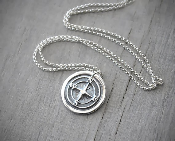 Fine Silver Wax Seal Compass Rose Necklace, Handcrafted Find Silver, Compass Pendant - Artisan Jewelry