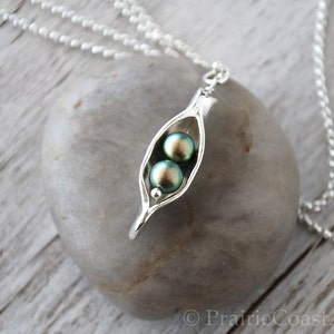 Two Pearl Pea Pod Necklace Silver Pea Pod Mother's Necklace Mom's iridescent Green Pearl Peas in Pod Two Peas Push Gift image 2