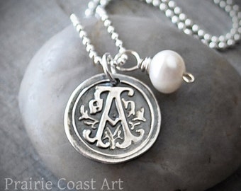 Personalized .999 Fine Silver Wax Seal Initial Necklace, Personalized Initial Charm - Wax Seal Necklace - Sterling Silver Monogram Necklace